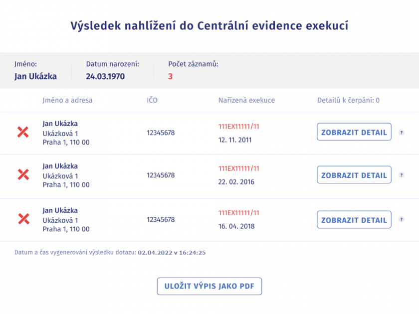 Výpis z centrální evidence exekucí - náhled