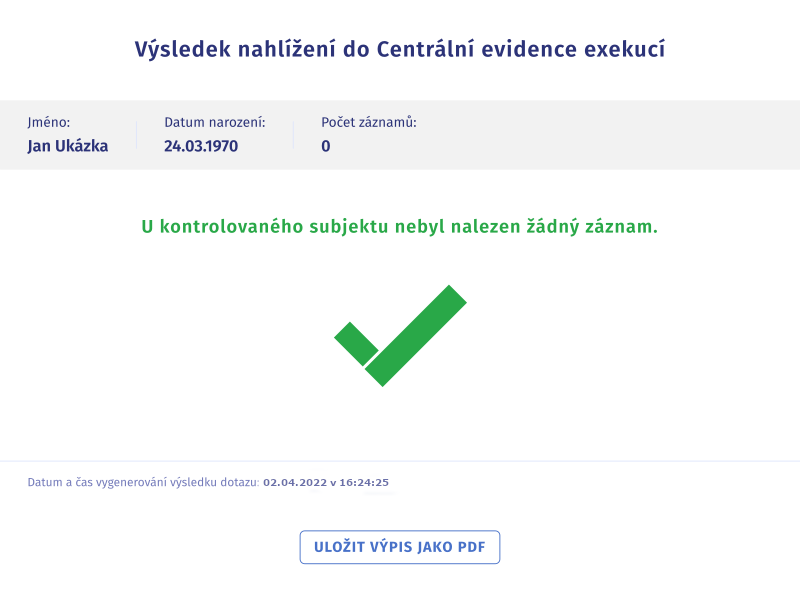 Výpis z registru dlužníků bez exekuce - náhled